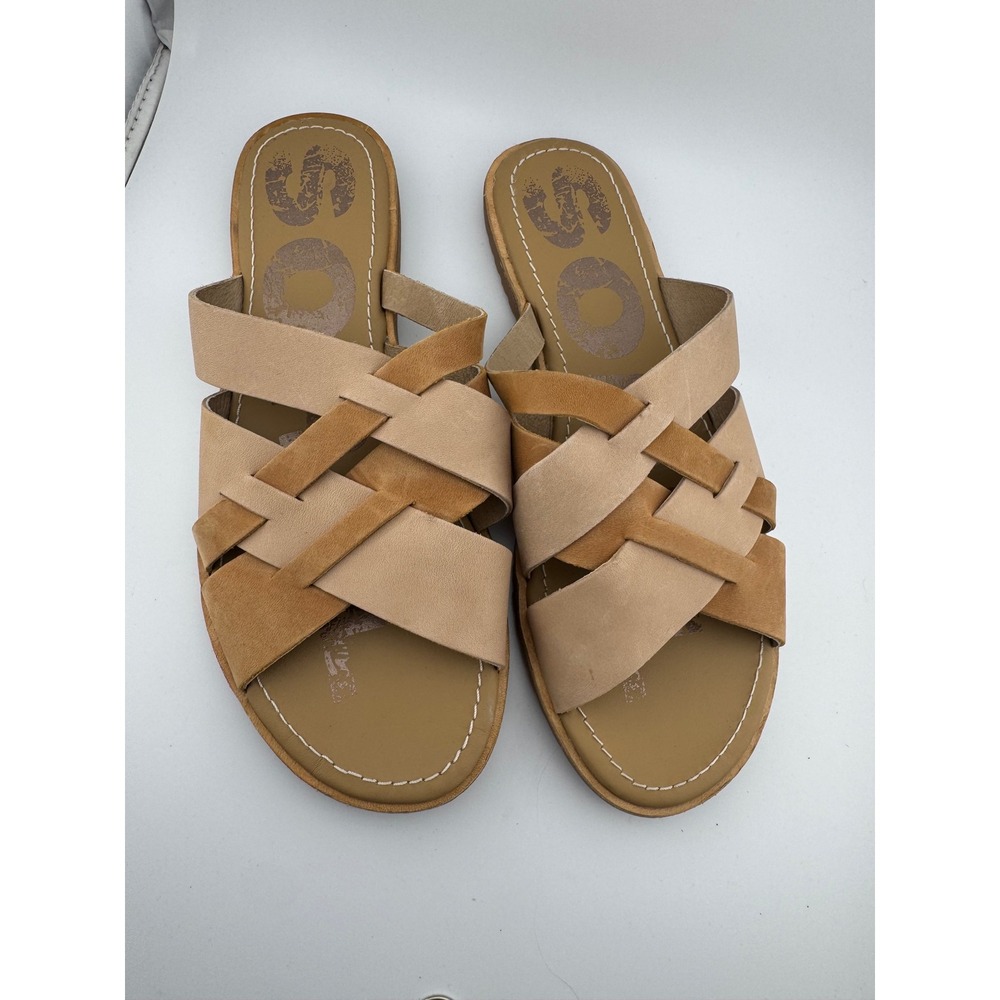 Sorel Ella Slide Sandals Womens 8 Tan Beige Leather Cross Strap Flats NL3672-246
